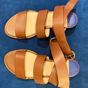 Stuart Weitzman Low Heel Leather Sandals with Wrap Around Ankle Strap